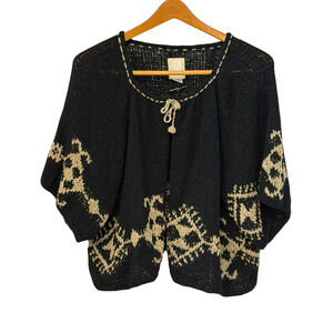 Amano One Size Folk Style Tie-Front Cardigan Black Open Knit Made in Bolivia New